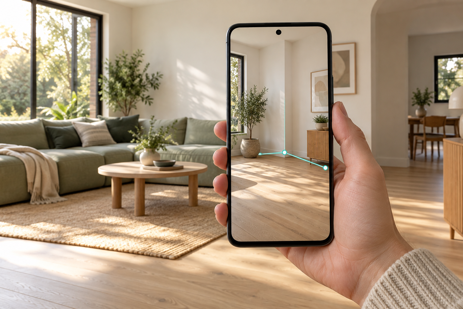 Illustration of a phone showing camera measurement points in a warm, sunlit living room